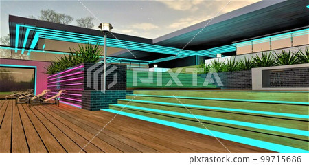 Amazing wooden terrace with glowing steps under the starry night sky. Upscale suburban villa with exclusive exterior illumination. 3d rendering. Amazing wooden terrace with glowing steps under the starry night sky. Upscale suburban villa with exclusive exterior illumination. 3d rendering. 99715686