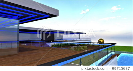 Blue LED day illumination of the glass fence and facade of the modern elite house in the village. View of the wooden terrace. 3d rendering. Blue LED day illumination of the glass fence and facade of the modern elite house in the village. View of the wooden terrace. 3d rendering. 99715687