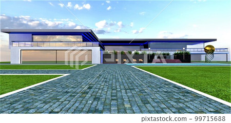 Design of the elegant suburban estate with blue day illumination. Walkway paved with natural granite stone on the lawn in front of the house. 3d rendering. 99715688