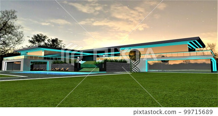 Exclusive design of the luxury real estate. Night view. Elegant turquoise illumination along glass facade. Large freshly cut lawn. 3d rendering. 99715689