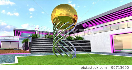Golden sphere on the steel stand on the lawn in the yard of the eco-friendly estate with day exterior illumination. Suitable combination of purple and white under the blue sky. 3d rendering. Golden sphere on the steel stand on the lawn in the yard of the eco-friendly estate with day exterior illumination. Suitable combination of purple and white under the blue sky. 3d rendering. 99715690