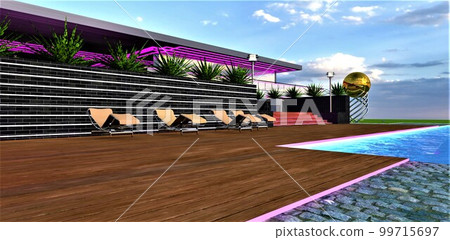 Stylish relax zone of the modern elite house with facade illumination. Several sun loungers on the deck near the glowing pool. 3d rendering. Stylish relax zone of the modern elite house with facade illumination. Several sun loungers on the deck near the glowing pool. 3d rendering. 99715697