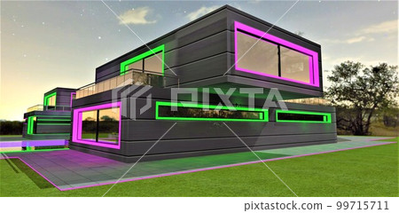 Stylish middle class illuminated cottage in the village at night. Large panoramic windows with glowing frames. 3d rendering. 99715711