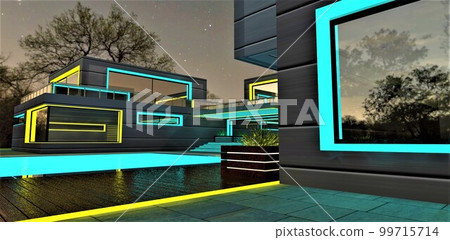 Yellow turquoise luminous elements of the upscale country house night decor under starry sky. Looks nice with illuminated pool. 3d rendering. 99715714