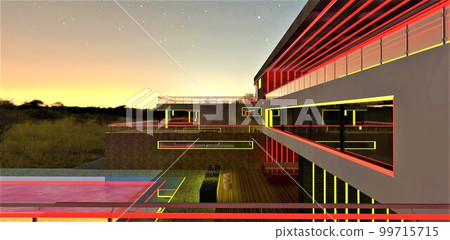 Amazing red night illumination design of the elite country dwelling with swimming pool and lounge zone. 3d rendering. Amazing red night illumination design of the elite country dwelling with swimming pool and lounge zone. 3d rendering. 99715715