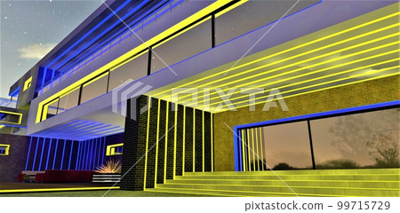 Yellow luminous steps of the porch with glass mirrored entry door to the contemporary suburban club hotel at night for people with high level income. 3d rendering. 99715729
