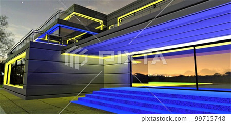 Blue yellow illumination of the amazing dwelling facade in the evening. Reflection of the amazing sunset environment in the glass mirrored entry door. 3d rendering. 99715748