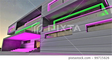 Upscale home at night. Fully aluminium facade with purple illumination. Long narrow windows. 3d rendering. 99715826