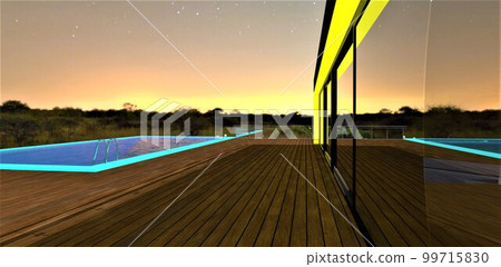 Amazing rooftop terrace with swimming pool and decking as a floor covering at night. Large mirrored glass window with yellow glowing LED stripe. 3d rendering. Amazing rooftop terrace with swimming pool and decking as a floor covering at night. Large mirrored glass window with yellow glowing LED stripe. 3d rendering. 99715830