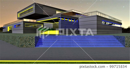 Corner night view of the illuminated house. Glowing blue staircase. Exclusive porch design. 3d rendering. 99715834