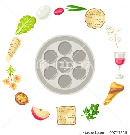 Happy Pesach Jewish Passover plate decorative frame. Holiday background with traditional symbols. 99715836
