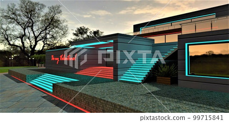 Illuminated facade of the house at night extremely increases attractiveness of the real estate for the potential client. 3d rendering. Illuminated facade of the house at night extremely increases attractiveness of the real estate for the potential client. 3d rendering. 99715841