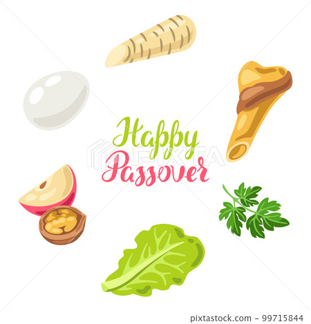 Happy Pesach Jewish Passover plate greeting card. Holiday background with traditional symbols. 99715844
