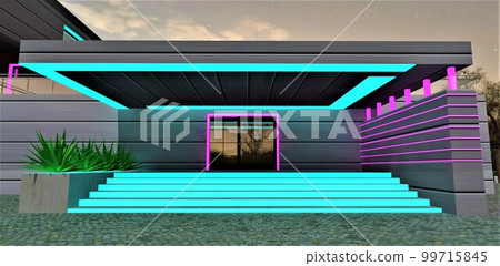 Turquoise glowing staircase of the stylish porch. Entry door with glass inserts. 3d rendering. 99715845