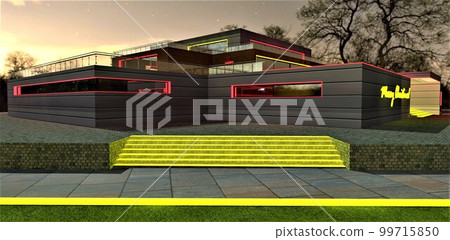 Elegant night illumination of the upscale country estate illuminated in different colors at night. Yellow glowing steps of the stone staircase. 3d rendering. 99715850