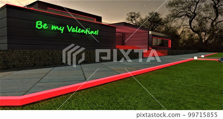 Mysterious house on the night lawn with red border. Green glowing text be my Valentine written on the wall near the entrance. 3d rendering. 99715855