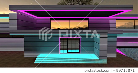 Glowiing porch of the newly built smart house with metal facade and pink LED stripe as a night decoration. 3d rendering. Glowiing porch of the newly built smart house with metal facade and pink LED stripe as a night decoration. 3d rendering. 99715871