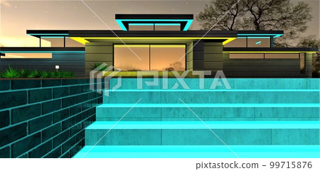 Turquoise illuminated steps with black brick tile border. Amazing suburban family house with glowing LED stripe along the entire facade. 3d rendering. Turquoise illuminated steps with black brick tile border. Amazing suburban family house with glowing LED stripe along the entire facade. 3d rendering. 99715876