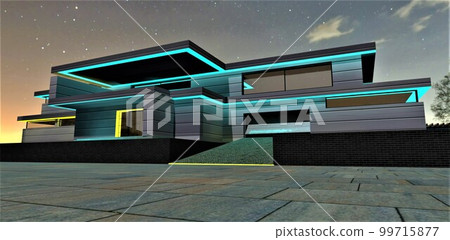 Upscale design of the night illumination of the contemporary country dwelling. Looks good with turquoise. Beautiful starry night. 3d rendering. Upscale design of the night illumination of the contemporary country dwelling. Looks good with turquoise. Beautiful starry night. 3d rendering. 99715877