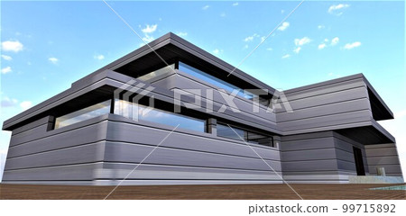 Upscale contemporary country house constructed according to exclusive design provided by the team of experienced architects. 3d rendering. Upscale contemporary country house constructed according to exclusive design provided by the team of experienced architects. 3d rendering. 99715892