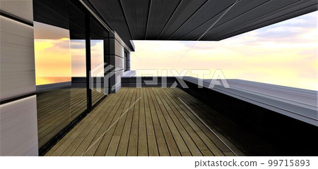 Upscale design of the contemporary balcony with terrace board on the floor and mirrored glass door. Walls finished with aluminium panels. 3d rendering. Upscale design of the contemporary balcony with terrace board on the floor and mirrored glass door. Walls finished with aluminium panels. 3d rendering. 99715893