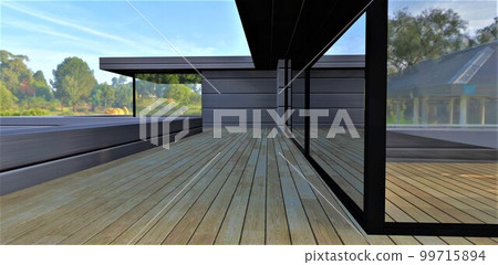 Wooden floor of the terrace with picturesque view of the morning landscape. Large glass mirrored doors. Suitable illustration for modern suburban housing construction magazine. 3d rendering. Wooden floor of the terrace with picturesque view of the morning landscape. Large glass mirrored doors. Suitable illustration for modern suburban housing construction magazine. 3d rendering. 99715894