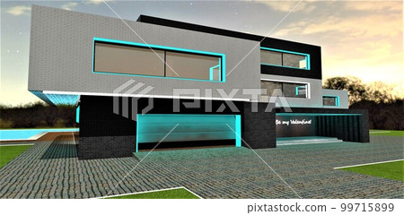Illuminated in turquoise entrance to a garage of the country dwelling with lifting aluminium gate at night. 3d rendering. Illuminated in turquoise entrance to a garage of the country dwelling with lifting aluminium gate at night. 3d rendering. 99715899