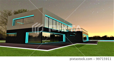 An hour before sunrise. Amazing starry night sky above upscale country dwelling with illuminated facade and well-groomed territory. 3d rendering. An hour before sunrise. Amazing starry night sky above upscale country dwelling with illuminated facade and well-groomed territory. 3d rendering. 99715911