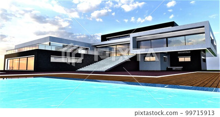 Design of the stunning suburban estate with glowing swimming pool . Suitable illustration for housing construction investment banner. 3d rendering. 99715913
