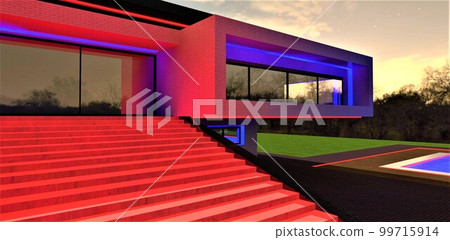 Glowing red steps of the large stone stairs. Looks amazing at night time. Newly built illuminated villa. 3d rendering. 99715914