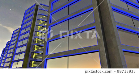 View from below of the concrete apartment buildings with blue illumination. Stunning starry night sky is on the background. 3d rendering. 99715933