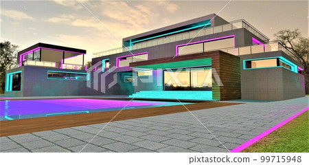 Design of the night illumination of the upscale minimalist villa with glowing pool. Turquoise concrete steps of the porch. 3d rendering. 99715948