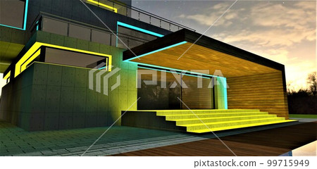 Exclusive design of the contemporary house yellow glowing porch illumination at starry night an hour before dawn. 3d rendering. 99715949