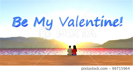 Text be my Valentine in the sky. 3d rendering. Idea for postcard for lovers on the 14th of February. A loving couple looking at sunrise above the mountain lake. Text be my Valentine in the sky. 3d rendering. Idea for postcard for lovers on the 14th of February. A loving couple looking at sunrise above the mountain lake. 99715964