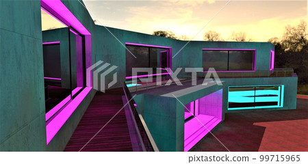 Night view of the contemporary balcony illuminated in pink with terrace flooring and glass fence. Stylish glowing porch with concrete steps down. 3d rendering. Night view of the contemporary balcony illuminated in pink with terrace flooring and glass fence. Stylish glowing porch with concrete steps down. 3d rendering. 99715965