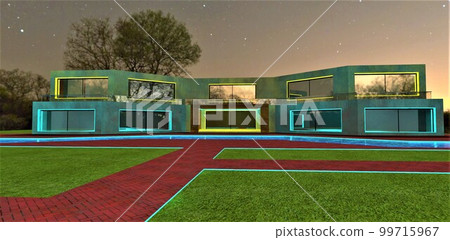 Red brick walkway with turquoise glowing border on the freshly cut lawn near the swimming pool of the concrete house illuminated in yellow at night. 3d rendering. Red brick walkway with turquoise glowing border on the freshly cut lawn near the swimming pool of the concrete house illuminated in yellow at night. 3d rendering. 99715967