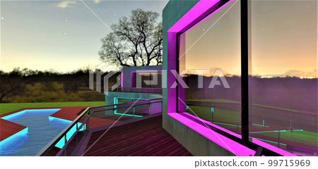 View of the amazing glowing pool from the stylish balcony with wooden floor and glass fence. Purple illumination of the window arch at night. 3d rendering. 99715969