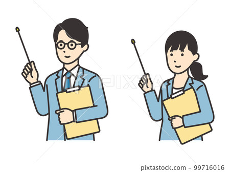 Illustration set of women and men in suits with materials and pointing sticks 99716016