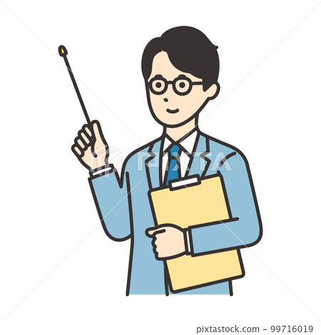 Illustration of a man in a suit holding a document and a pointing stick 99716019
