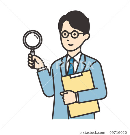 Illustration of a man in a suit holding documents and a magnifying glass 99716020