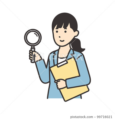 Illustration of a woman in a suit holding documents and a magnifying glass Illustration of a woman in a suit holding documents and a magnifying glass 99716021