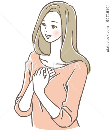 A woman holding her hand on her chest A woman holding her hand on her chest 99716104