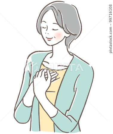 Senior woman who puts her hand on her chest and closes her eyes Senior woman who puts her hand on her chest and closes her eyes 99716108