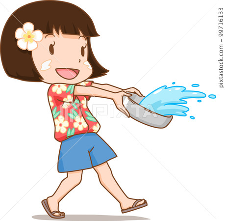 Cute girl splashing water with water bowl in Songkran festival. Cute girl splashing water with water bowl in Songkran festival. 99716133