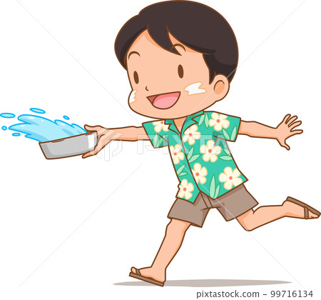 Cute boy splashing water with water bowl in Songkran festival. 99716134