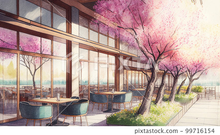 Restaurant with a view of cherry blossoms Watercolor illustration Architectural perspective AI image 99716154