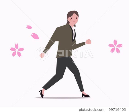 開始奔向春天的事業女性。櫻花新學期新生活支持努力工作新畢業矢量圖 99716403