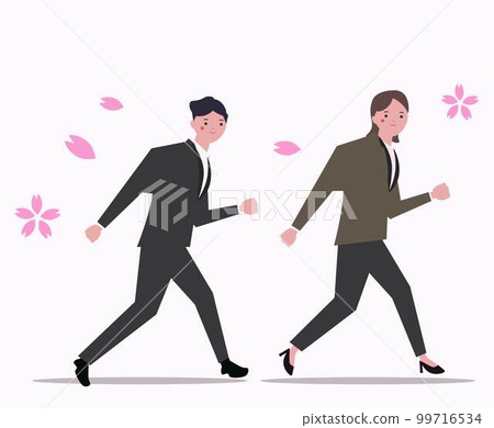 開始奔向春天的商人和女商人。櫻花新學期新生活支持努力工作新畢業矢量圖 99716534