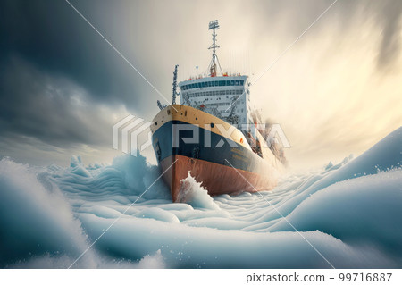 Icebreaker breaks ice hummocks and ice floes in the Arctic Ocean against of dramatic sky. Generative AI illustration 99716887