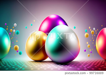 Holographic metallic painted eggs on a gradient background. Easter minimal composition. Generative AI illustration Holographic metallic painted eggs on a gradient background. Easter minimal composition. Generative AI illustration 99716889